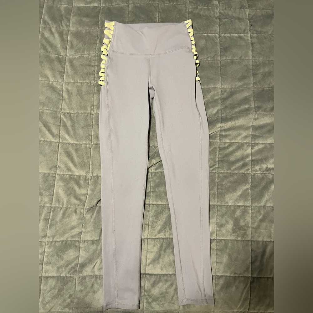 Fabletics Grey with Yellow Criss Cross Leggings